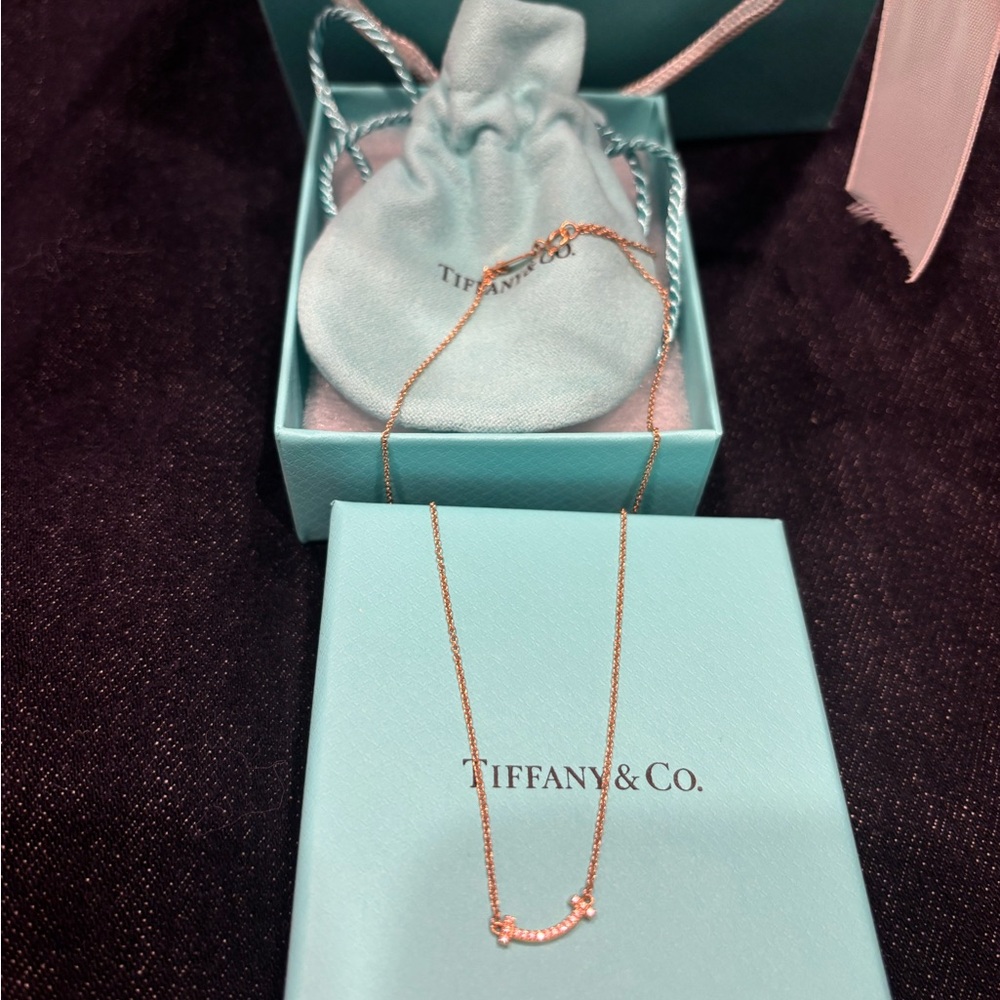 Authentic Tiffany T smile Gold Necklace with diamonds